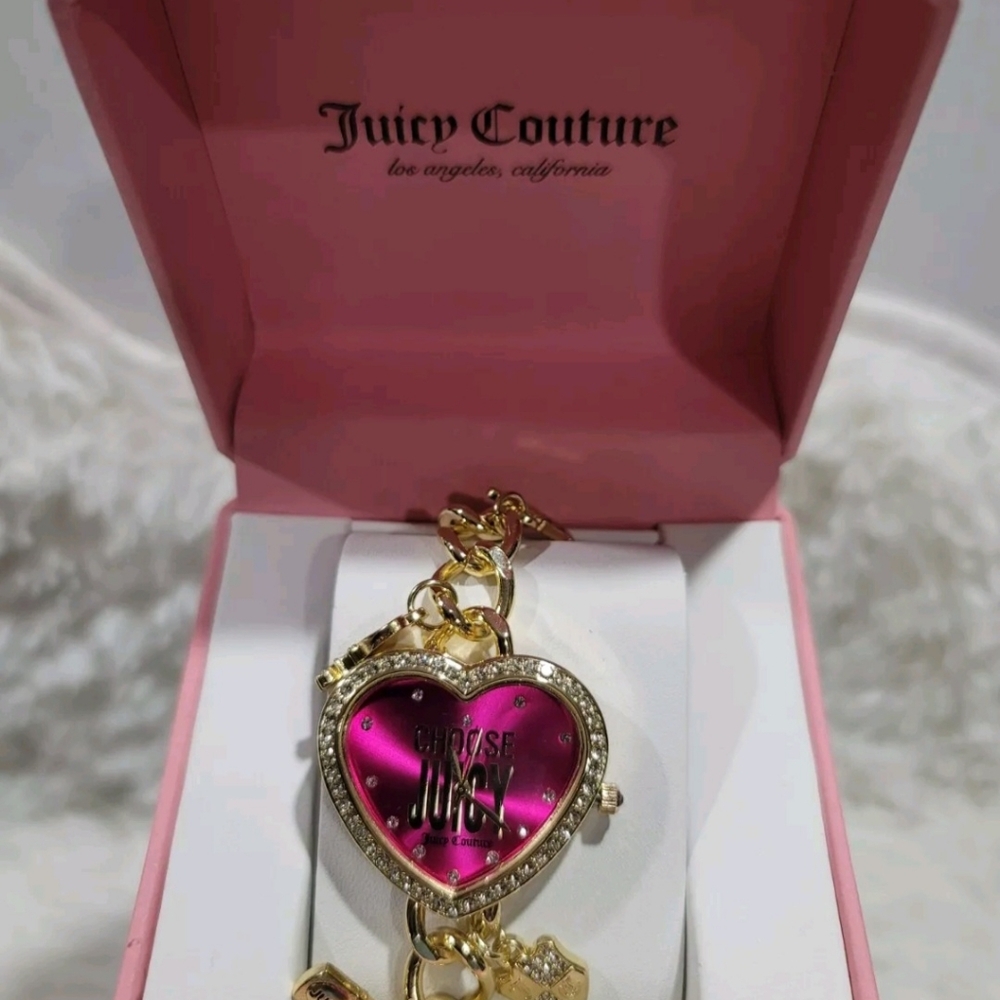 Juicy Couture Gold Tone Hanging Charm Watch . Hot Pink Heart Shaped Beze… - Picture 3 of 4